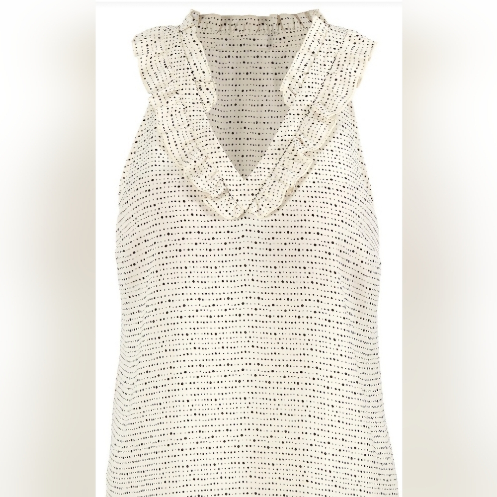CAbi #4179 Morse Code Ivory Sleeveless Blouse with Ruffle Detail Size Large